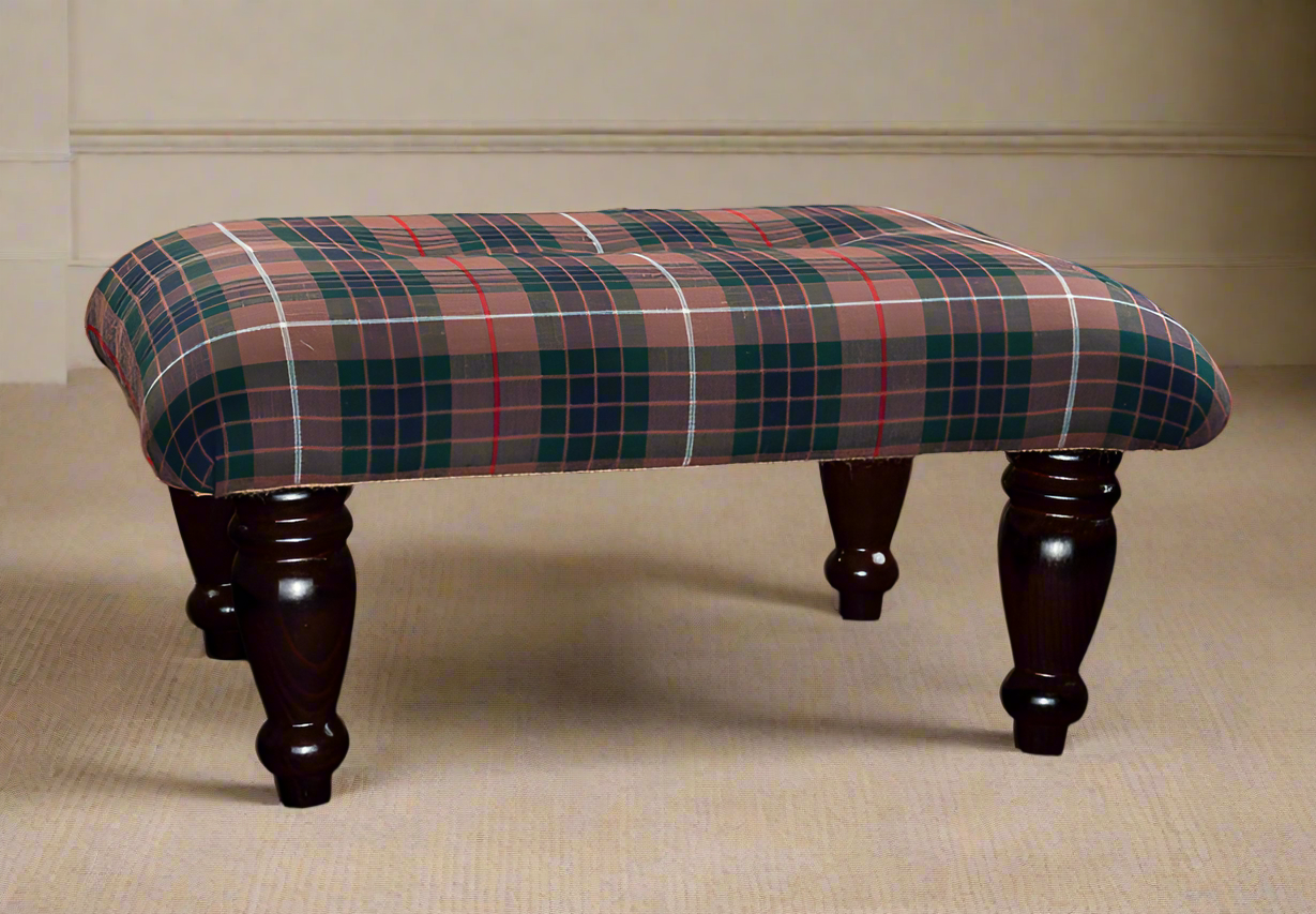Traditional Fraser Hunting Tartan Footstool with Chunky Mahogany Legs – Crafted in Scotland