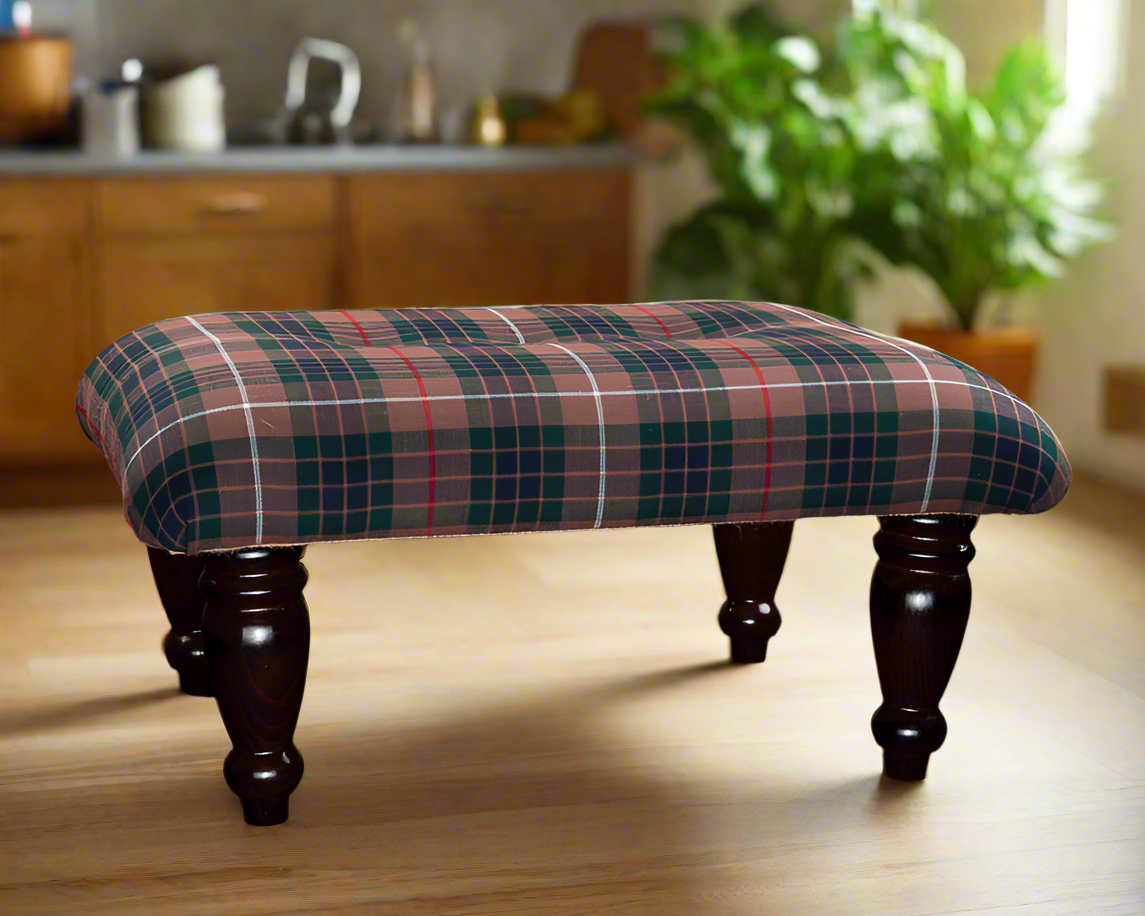Traditional Fraser Hunting Tartan Footstool with Chunky Mahogany Legs – Crafted in Scotland