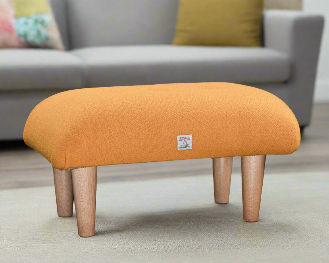 Sunny Yellow Harris Tweed Footstool with Natural Gloss Legs – A Pop of Scottish Charm for Your Space