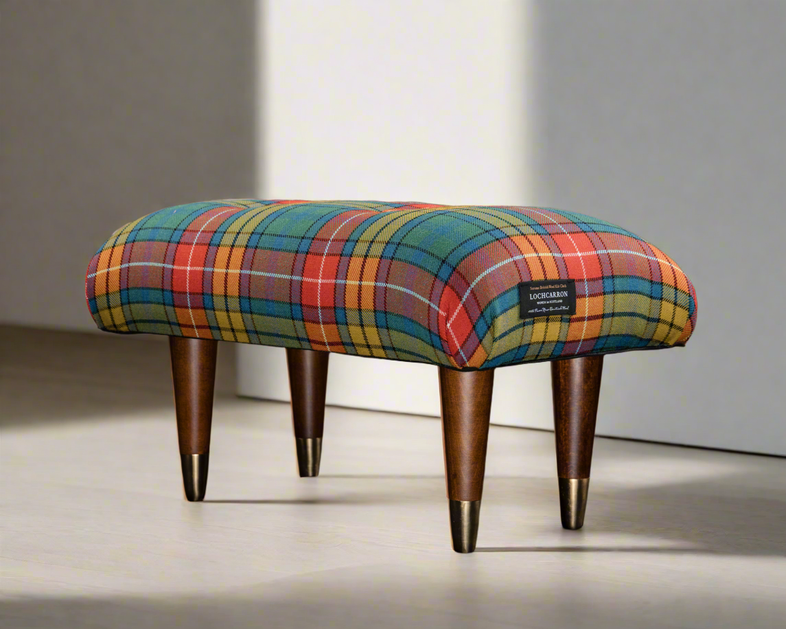 Vibrant Buchanan Ancient Tartan Footstool – Handmade in a Scottish Stable for a Touch of Heritage