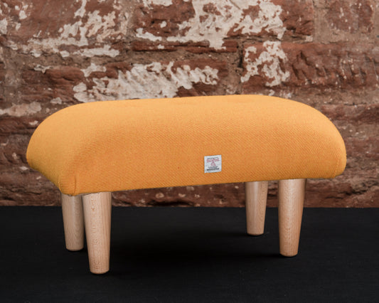 Sunny Yellow Harris Tweed Footstool with Natural Gloss Legs – A Pop of Scottish Charm for Your Space
